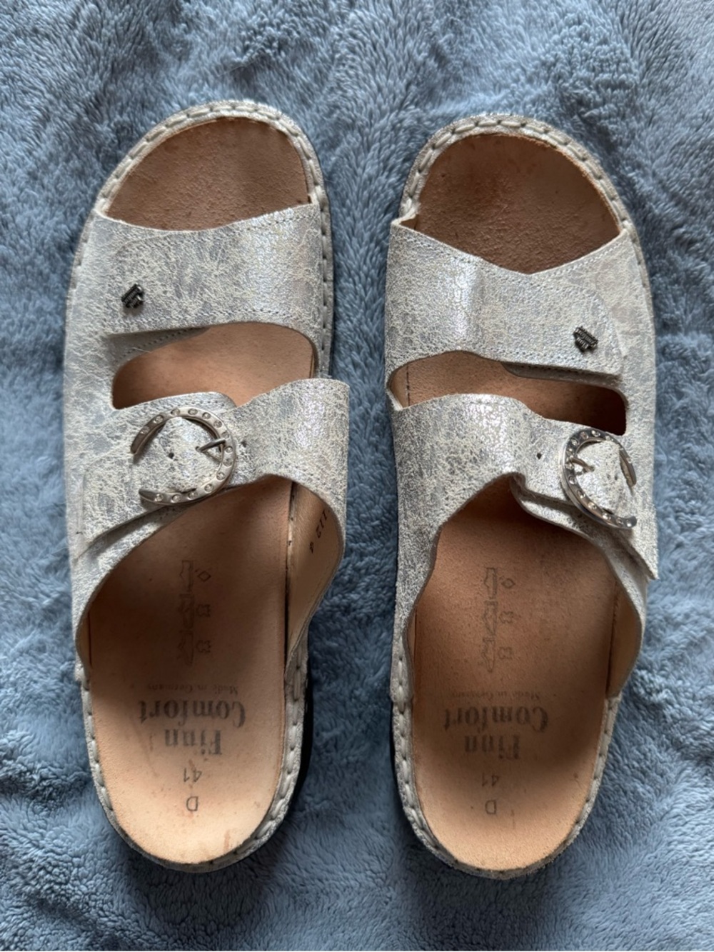 Finn Comfort Metallic Silver Double-Strap Slide Sandals